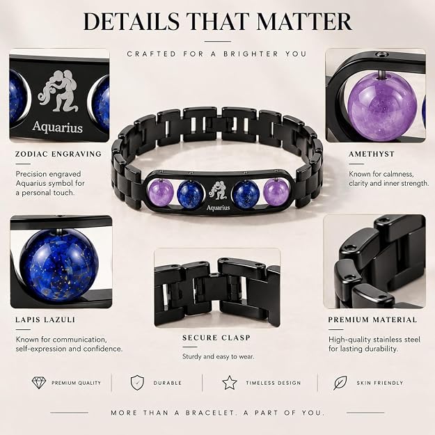 Black Metal Aquarius Zodiac Bracelet Combo Pack with Free Selenite Plate Gift for Men & Women