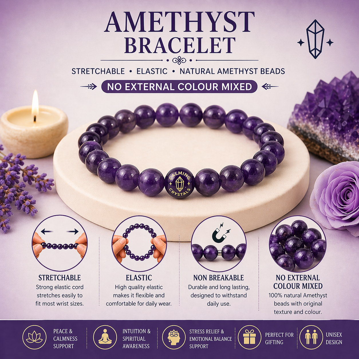 Amethyst Buddha Bracelet with FREE Raw Selenite Plate