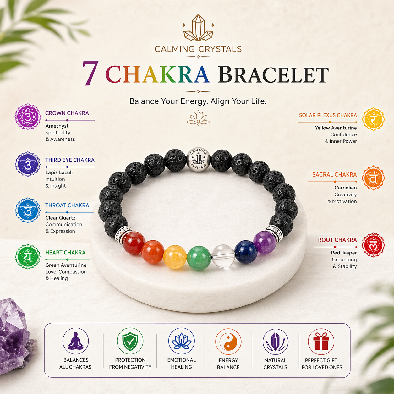 7 Chakra Bracelet for Men & Women | Healing Crystal Bracelet