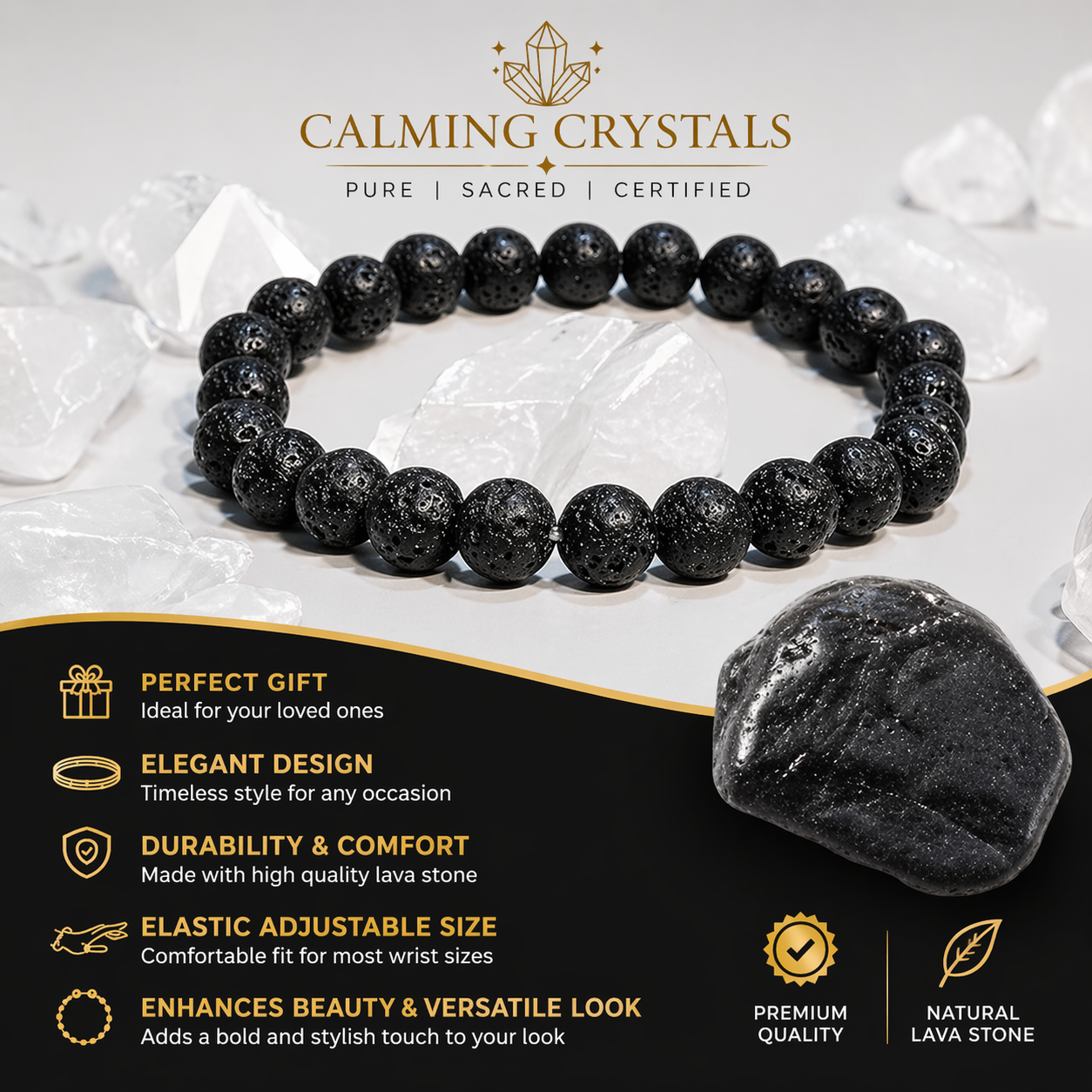 Natural Lava Rock Bracelet | 8mm Black Volcanic Stone Bracelet