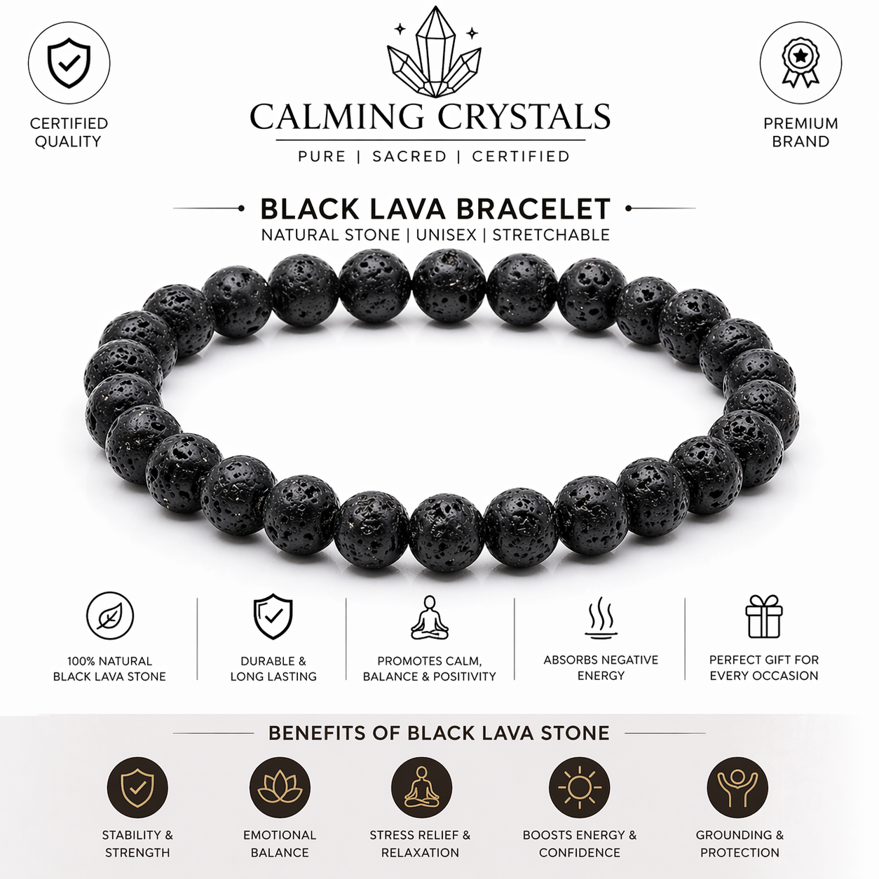 Natural Lava Rock Bracelet | 8mm Black Volcanic Stone Bracelet
