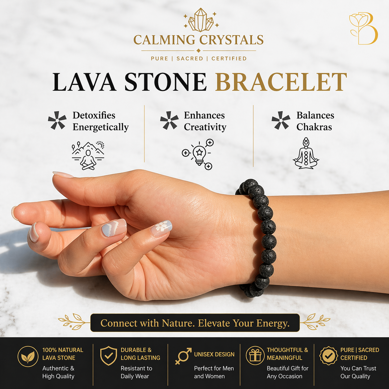 Natural Lava Rock Bracelet | 8mm Black Volcanic Stone Bracelet