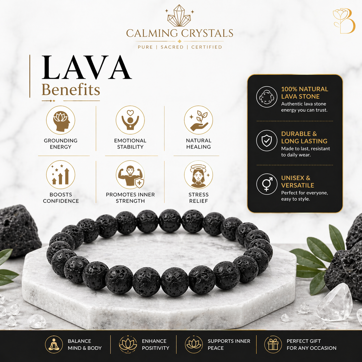 Natural Lava Rock Bracelet | 8mm Black Volcanic Stone Bracelet