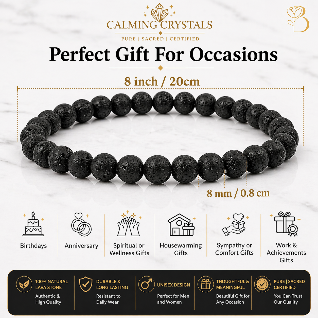 Natural Lava Rock Bracelet | 8mm Black Volcanic Stone Bracelet