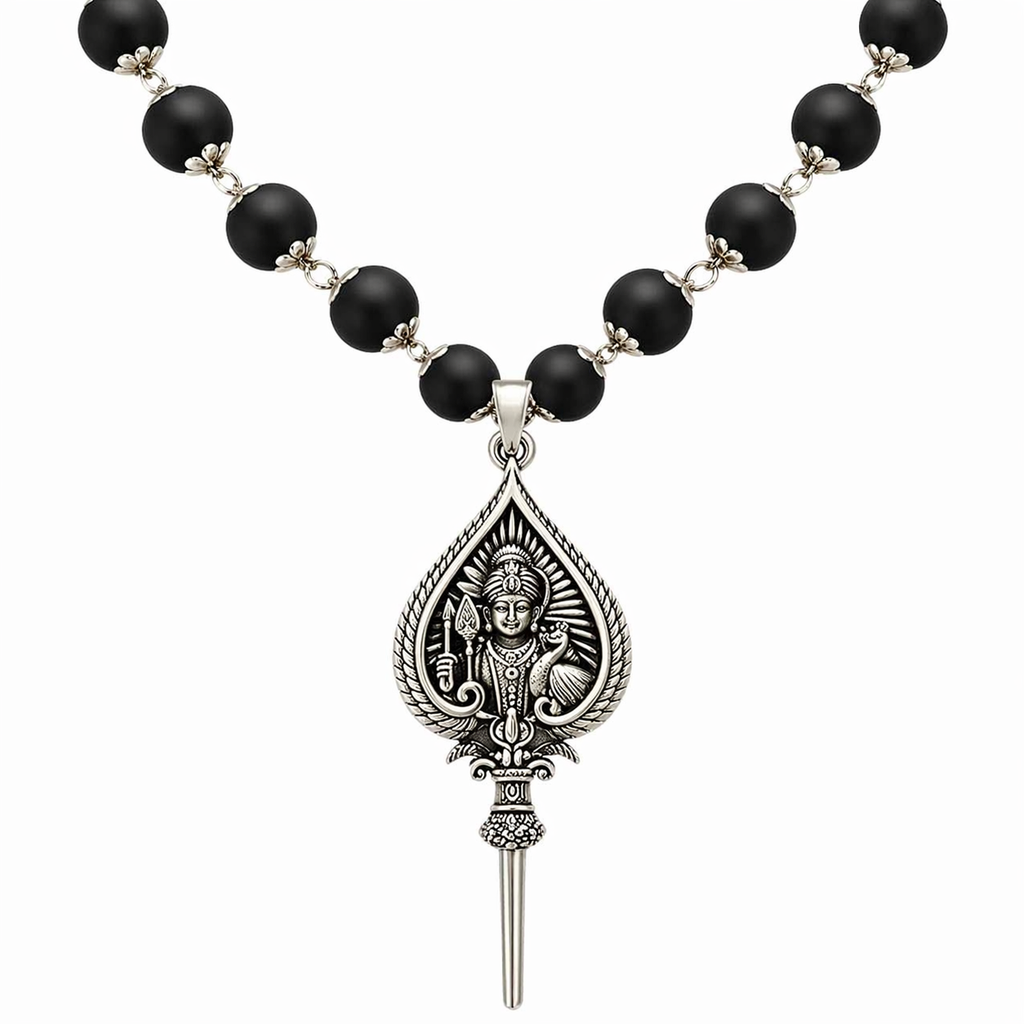 Silver Capped Karungali Malai with Lord Murugan Vel Pendant