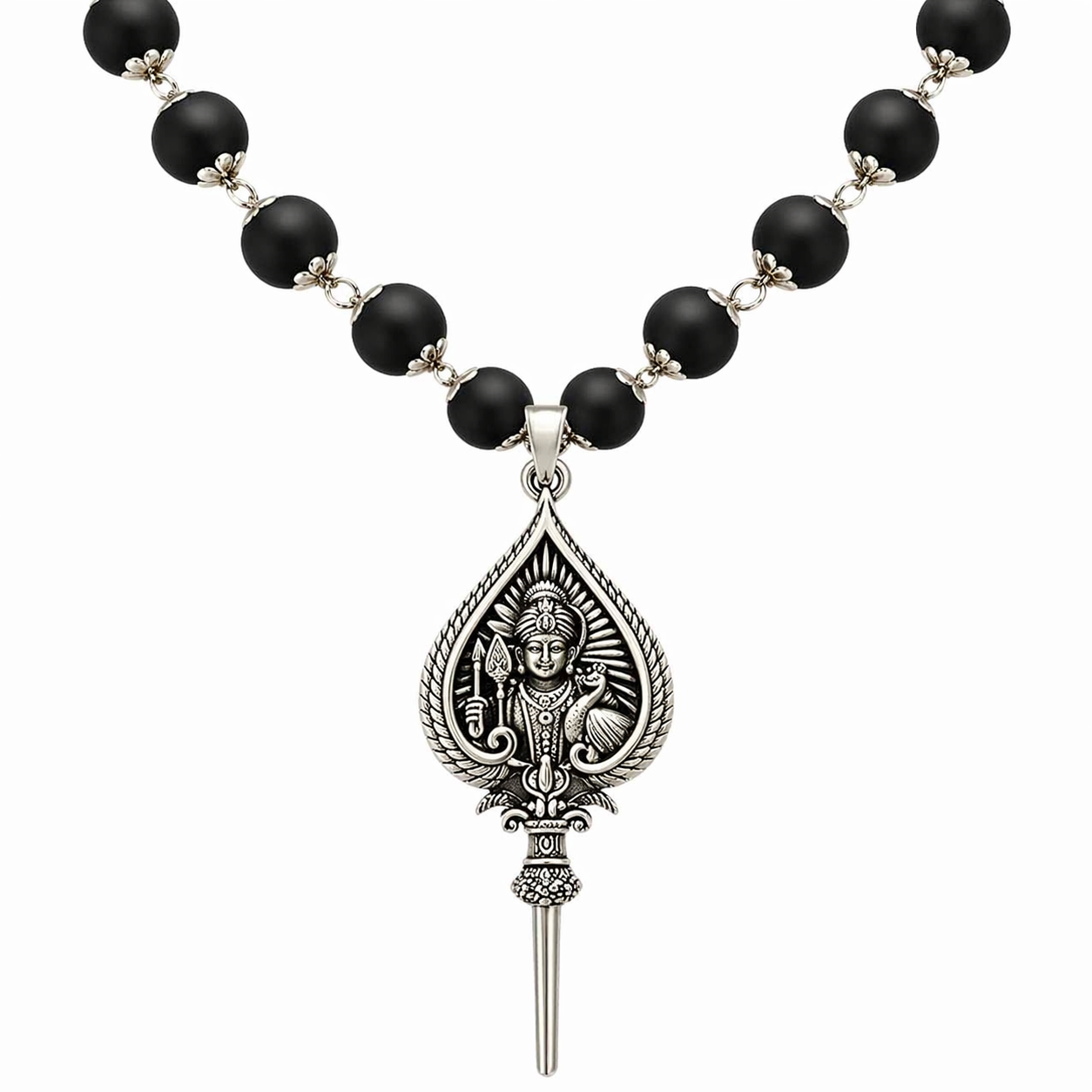 Silver Capped Karungali Malai with Lord Murugan Vel Pendant