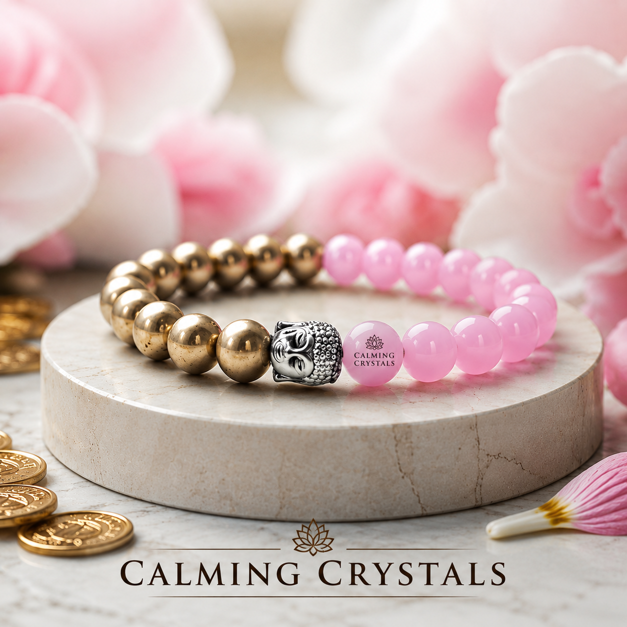 Rose Quartz & Golden Pyrite Buddha Bracelet | Love, Wealth & Healing Crystal Bracelet