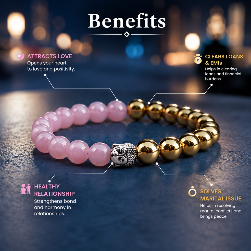 Rose Quartz & Golden Pyrite Buddha Bracelet | Love, Wealth & Healing Crystal Bracelet