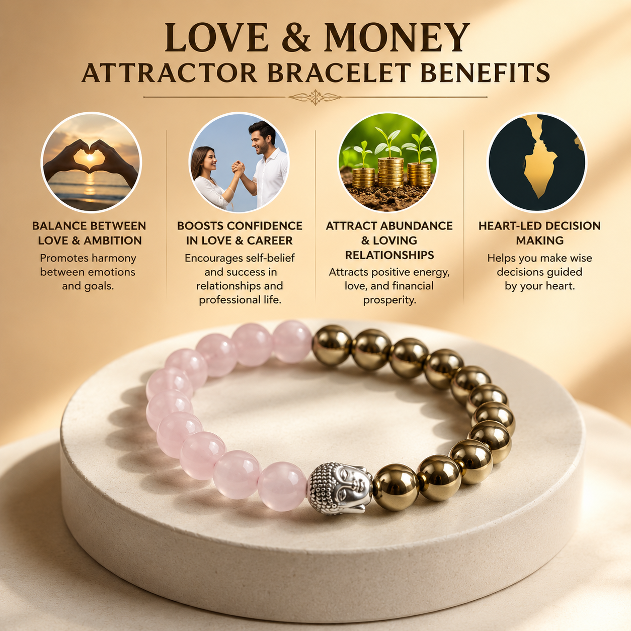 Rose Quartz & Golden Pyrite Buddha Bracelet | Love, Wealth & Healing Crystal Bracelet