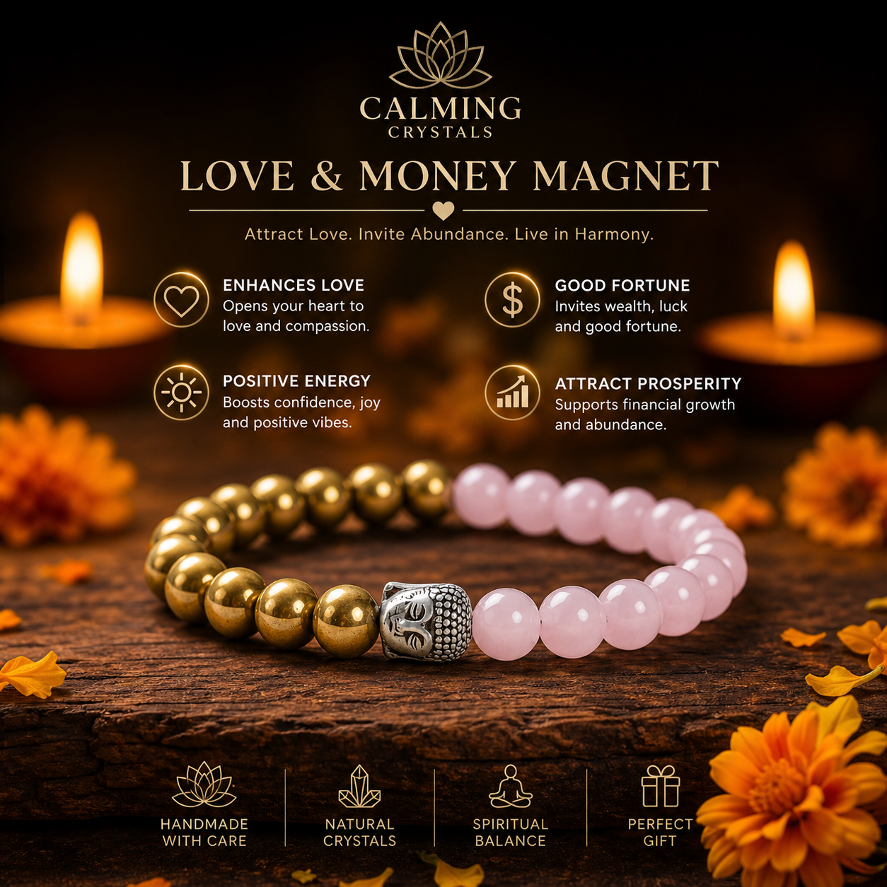 Rose Quartz & Golden Pyrite Buddha Bracelet | Love, Wealth & Healing Crystal Bracelet