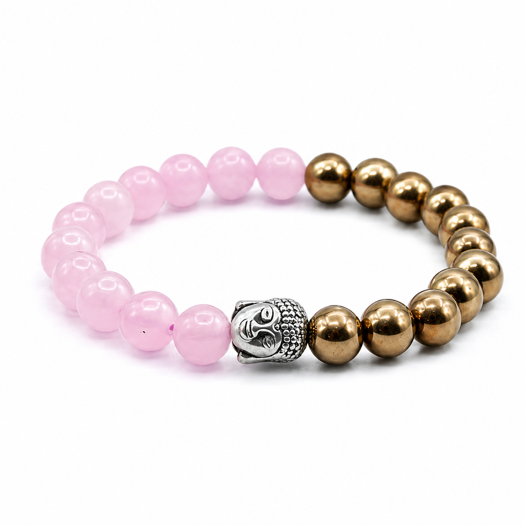 Rose Quartz & Golden Pyrite Buddha Bracelet | Love, Wealth & Healing Crystal Bracelet