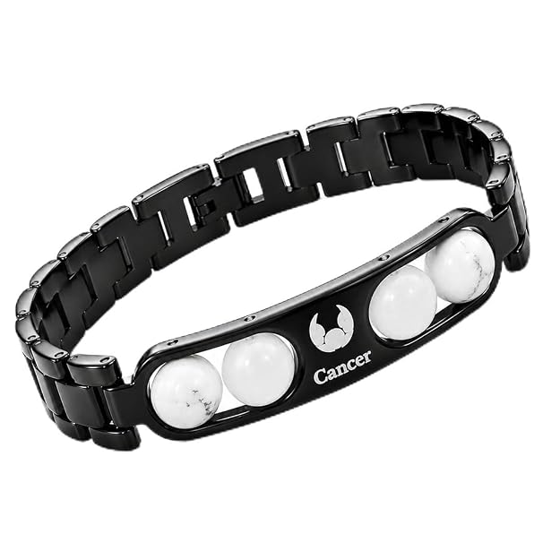 Cancer Zodiac Bracelet for Men & Women – Black Stainless Steel Bracelet with White Stone Beads
