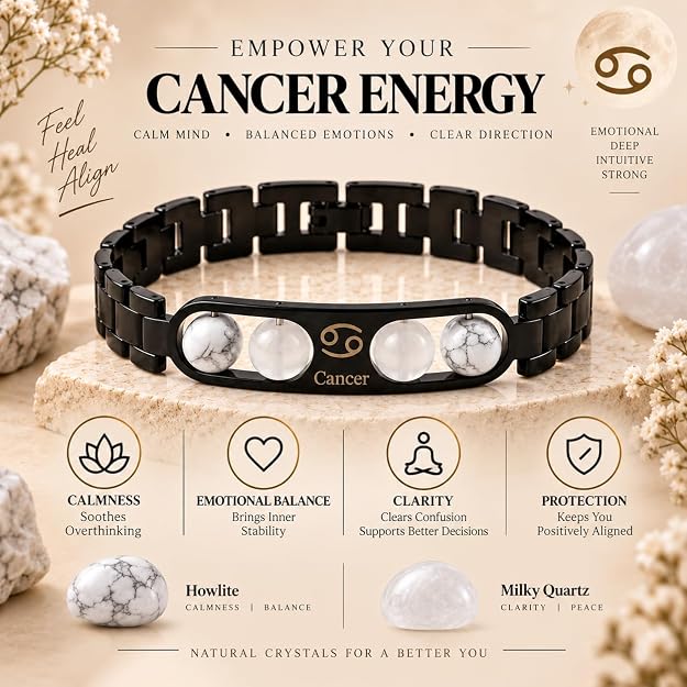 Cancer Zodiac Bracelet for Men & Women – Black Stainless Steel Bracelet with White Stone Beads