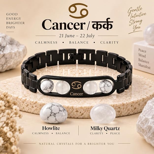 Cancer Zodiac Bracelet for Men & Women – Black Stainless Steel Bracelet with White Stone Beads