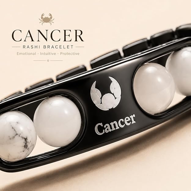 Cancer Zodiac Bracelet for Men & Women – Black Stainless Steel Bracelet with White Stone Beads