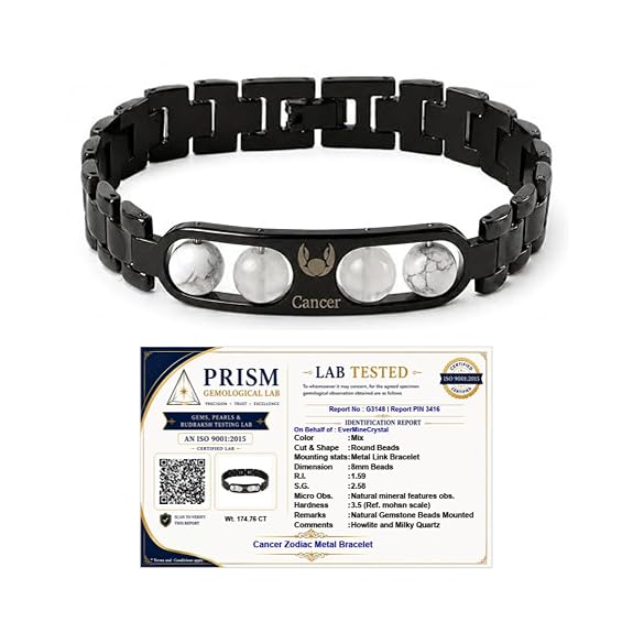 Cancer Zodiac Bracelet for Men & Women – Black Stainless Steel Bracelet with White Stone Beads