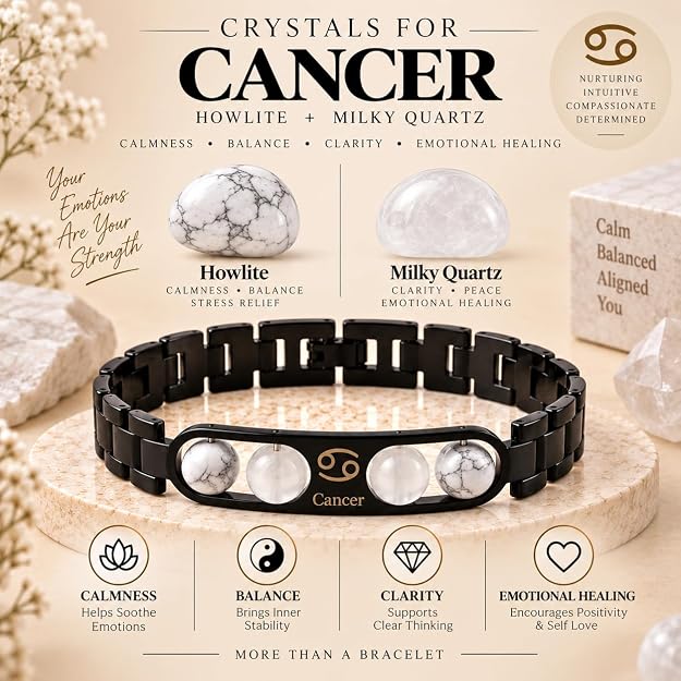 Cancer Zodiac Bracelet for Men & Women – Black Stainless Steel Bracelet with White Stone Beads
