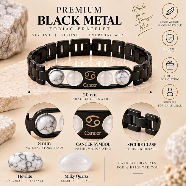 Cancer Zodiac Bracelet for Men & Women – Black Stainless Steel Bracelet with White Stone Beads