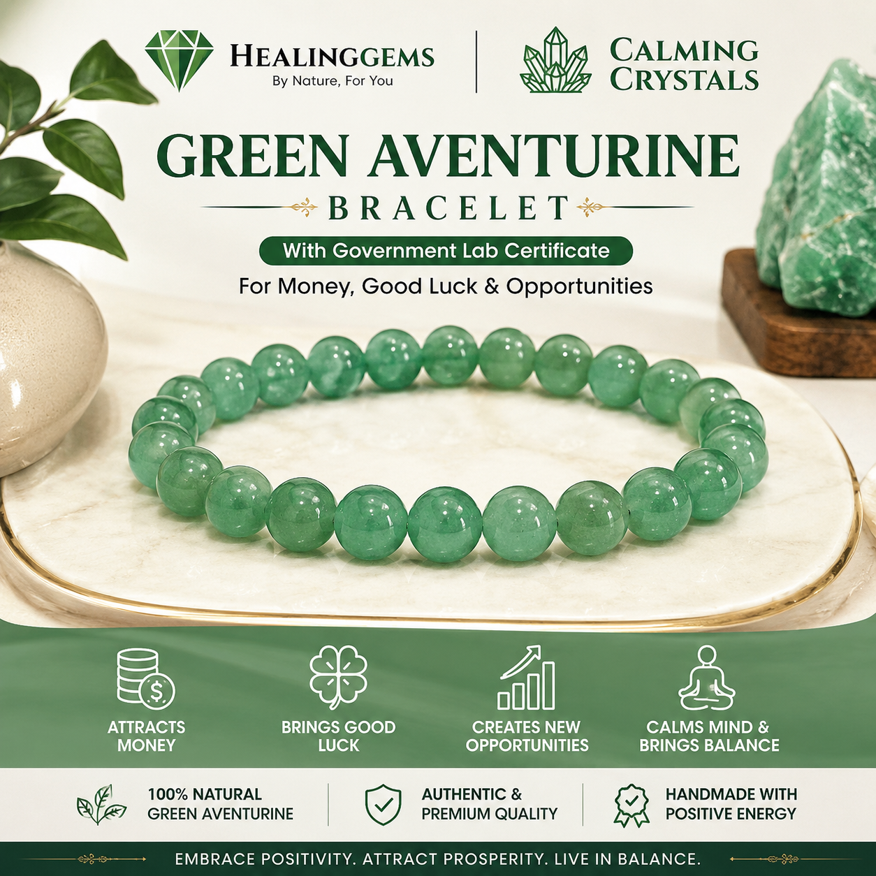 Green Aventurine Bracelet for Luck, Prosperity & Abundance