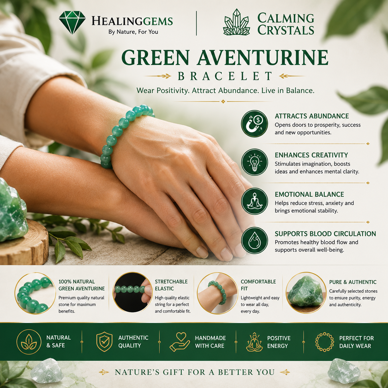 Green Aventurine Bracelet for Luck, Prosperity & Abundance