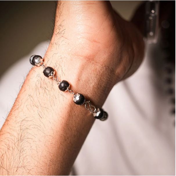 Silver Plated Karungali Modern Bracelet - Natural Ebony Wood