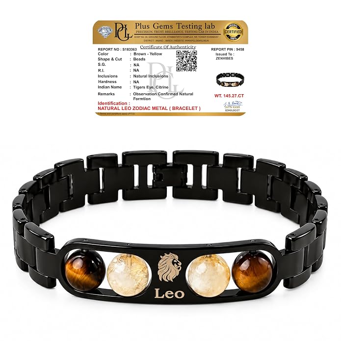 Leo Zodiac Bracelet for Men & Women | Black Metal Bracelet with Tiger Eye & Citrine Beads | Leo Astrology Jewelry