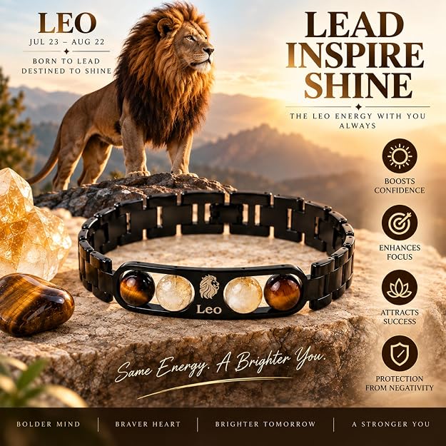 Leo Zodiac Bracelet for Men & Women | Black Metal Bracelet with Tiger Eye & Citrine Beads | Leo Astrology Jewelry