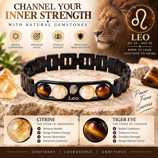 Leo Zodiac Bracelet for Men & Women | Black Metal Bracelet with Tiger Eye & Citrine Beads | Leo Astrology Jewelry