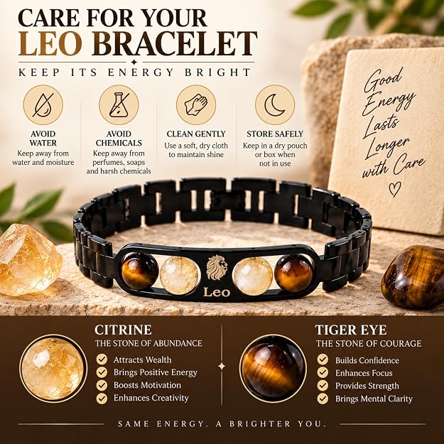 Leo Zodiac Bracelet for Men & Women | Black Metal Bracelet with Tiger Eye & Citrine Beads | Leo Astrology Jewelry