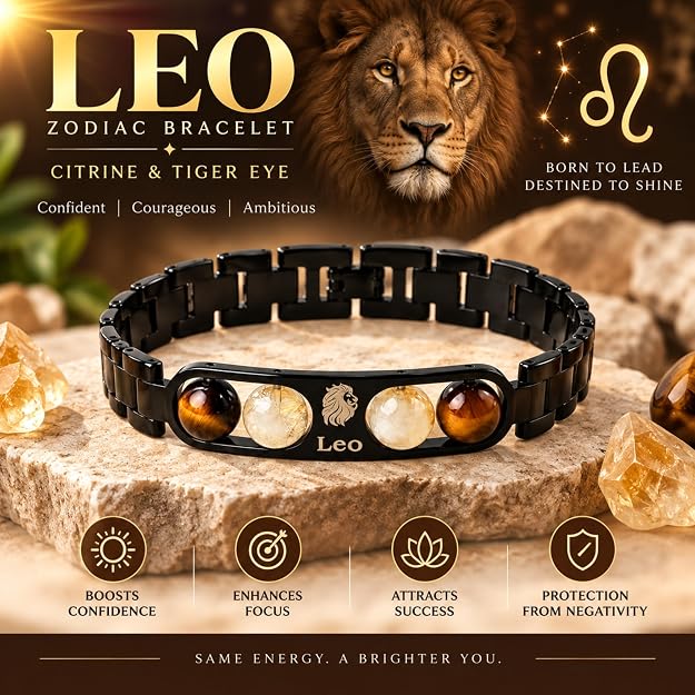 Leo Zodiac Bracelet for Men & Women | Black Metal Bracelet with Tiger Eye & Citrine Beads | Leo Astrology Jewelry