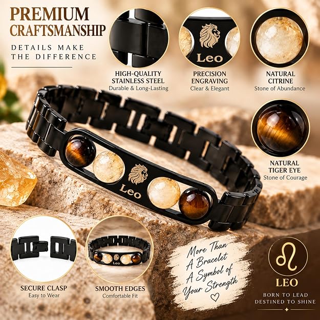Leo Zodiac Bracelet for Men & Women | Black Metal Bracelet with Tiger Eye & Citrine Beads | Leo Astrology Jewelry