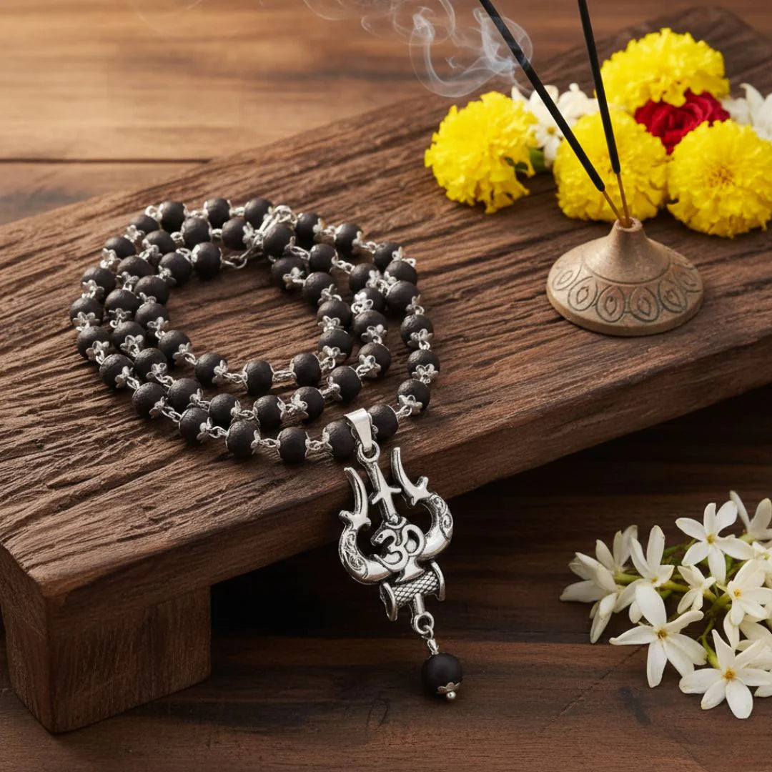 Original Karungali OM Shiva Trishool Mala for Men & Women | Certified Ebony Wood Spiritual Necklace for Meditation, Protection, Energy Healing & Shiva Bhakti"