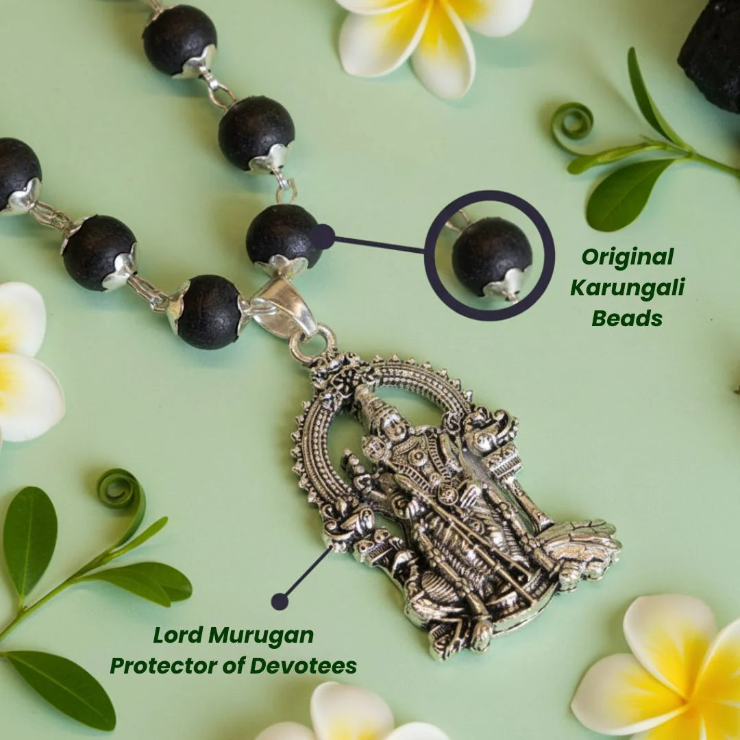 Karungali Mala for Protection & Energy Healing – Lord Murugan Locket Silver Capped Lord Murugan Pendant