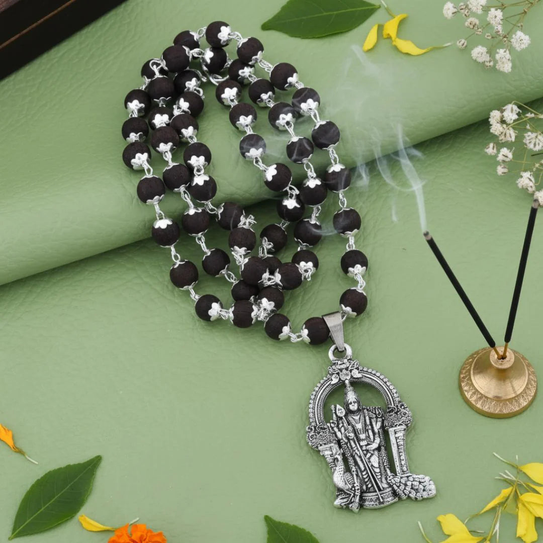 Karungali Mala for Protection & Energy Healing – Lord Murugan Locket Silver Capped Lord Murugan Pendant