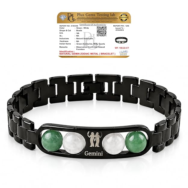 Gemini Zodiac Bracelet for Men & Women – Black Metal Bracelet with Green Aventurine & White Quartz Gemstones