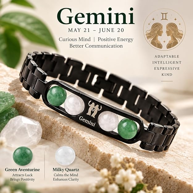Gemini Zodiac Bracelet for Men & Women – Black Metal Bracelet with Green Aventurine & White Quartz Gemstones
