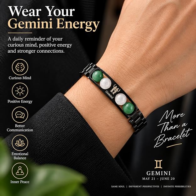 Gemini Zodiac Bracelet for Men & Women – Black Metal Bracelet with Green Aventurine & White Quartz Gemstones