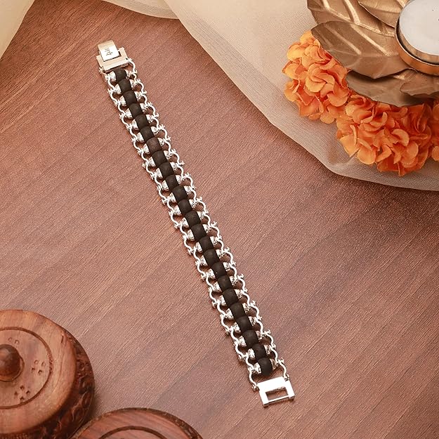 Silver Plated Karungali Modern Bracelet - Natural Ebony Wood