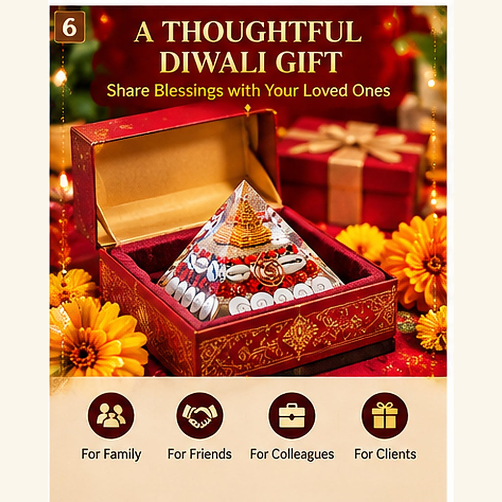 Gomti Chakra Laxmi Pyramid with Shree Yantra, Rudraksha & White Kaudi for Vastu Decor, Home Temple & Diwali Gifting