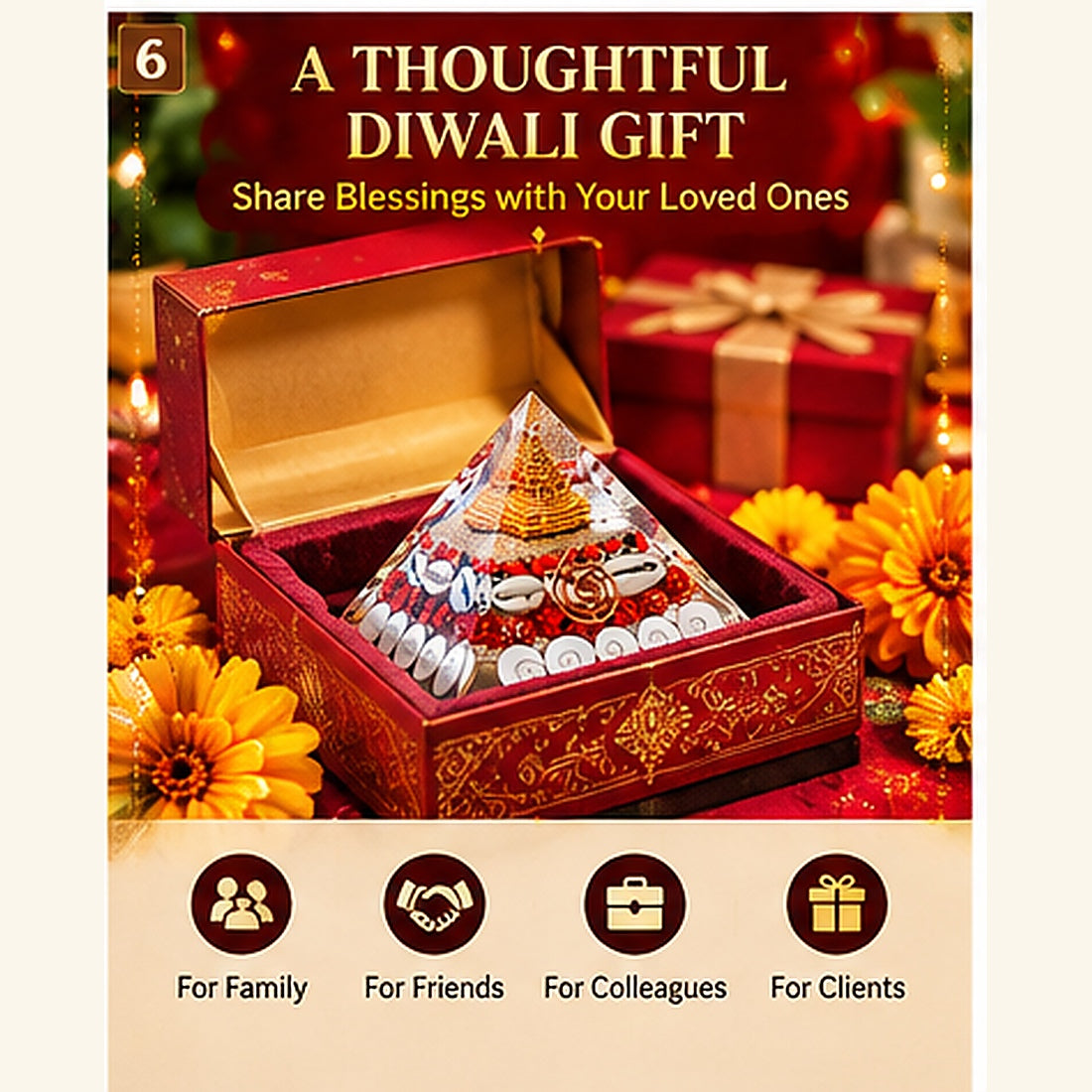 Gomti Chakra Laxmi Pyramid with Shree Yantra, Rudraksha & White Kaudi for Vastu Decor, Home Temple & Diwali Gifting