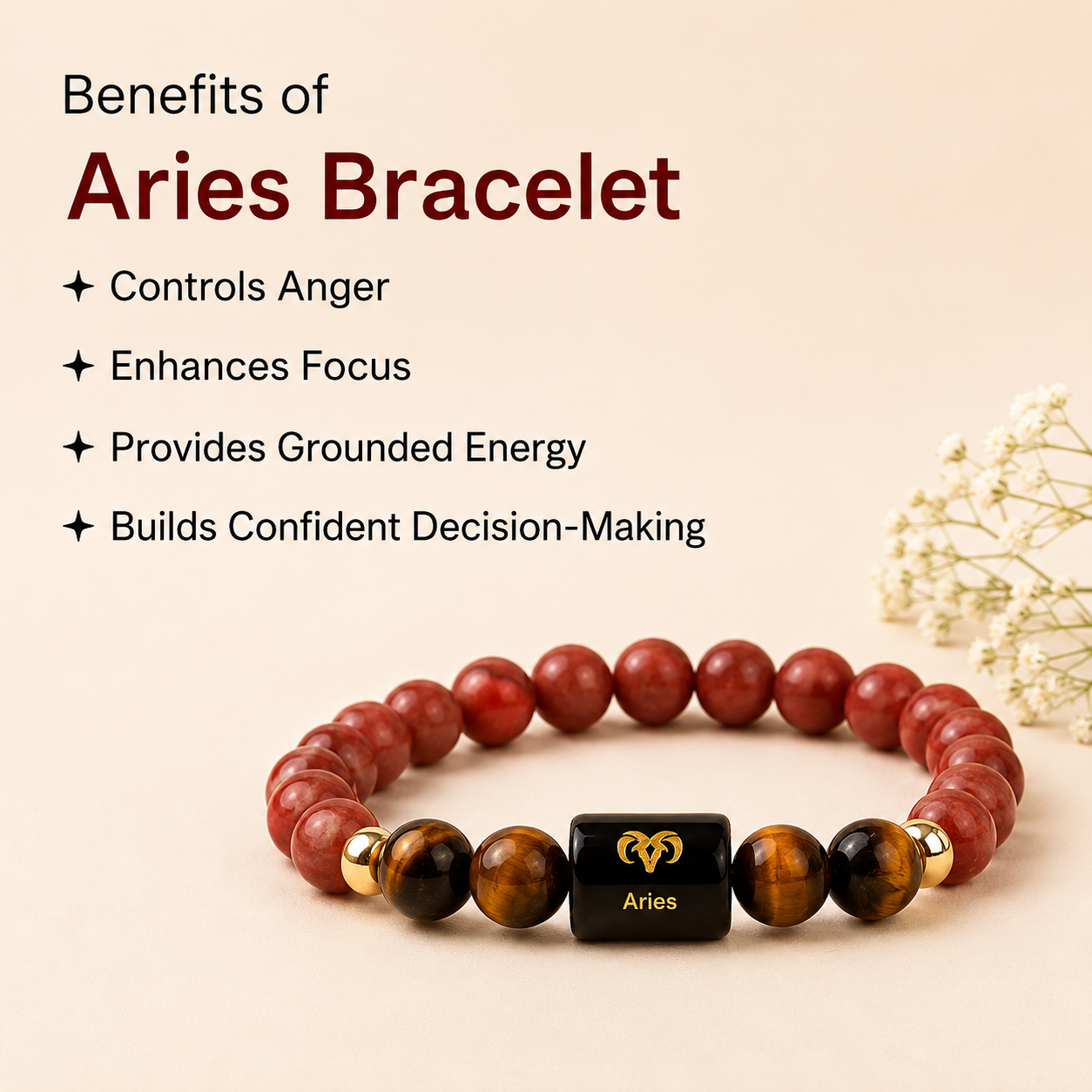 Aries (मेष राशि) Zodiac Red Jasper & Tiger Eye Bracelet || 𝟮𝟭 𝗠𝗮𝗿𝗰𝗵 – 𝟭𝟵 𝗔𝗽𝗿𝗶𝗹 ||
