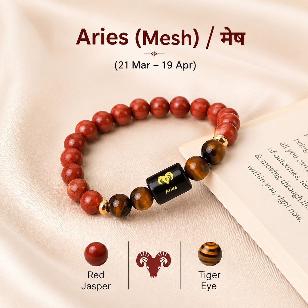 Aries (मेष राशि) Zodiac Red Jasper & Tiger Eye Bracelet || 𝟮𝟭 𝗠𝗮𝗿𝗰𝗵 – 𝟭𝟵 𝗔𝗽𝗿𝗶𝗹 ||