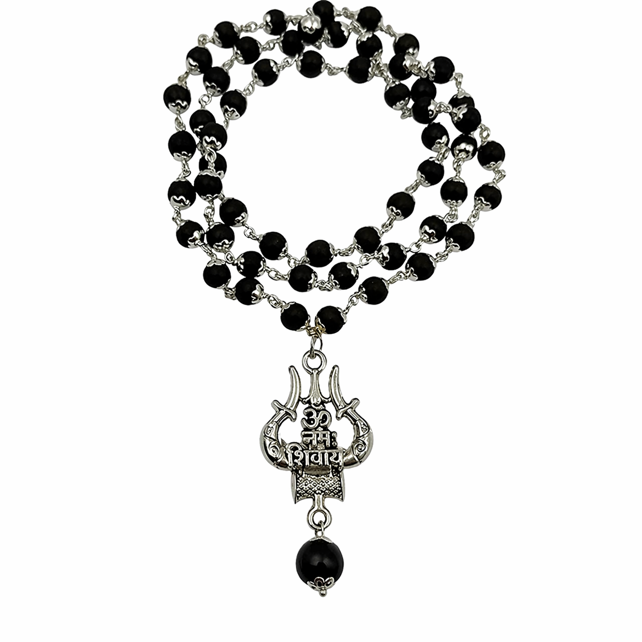 Silver Capped Karungali Malai with Om Trishul Pendant | HealingGems