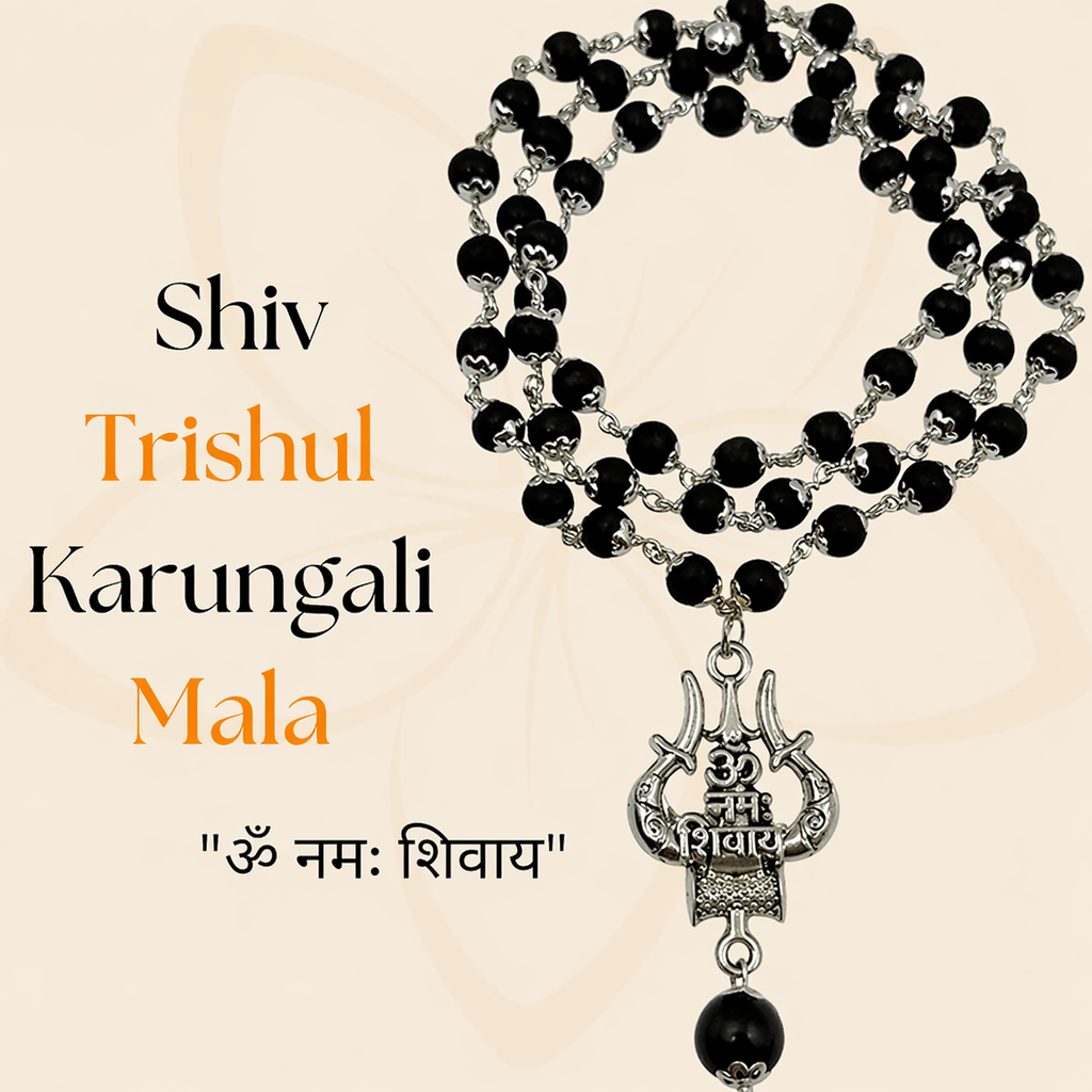 Silver Capped Karungali Malai with Om Trishul Pendant | HealingGems