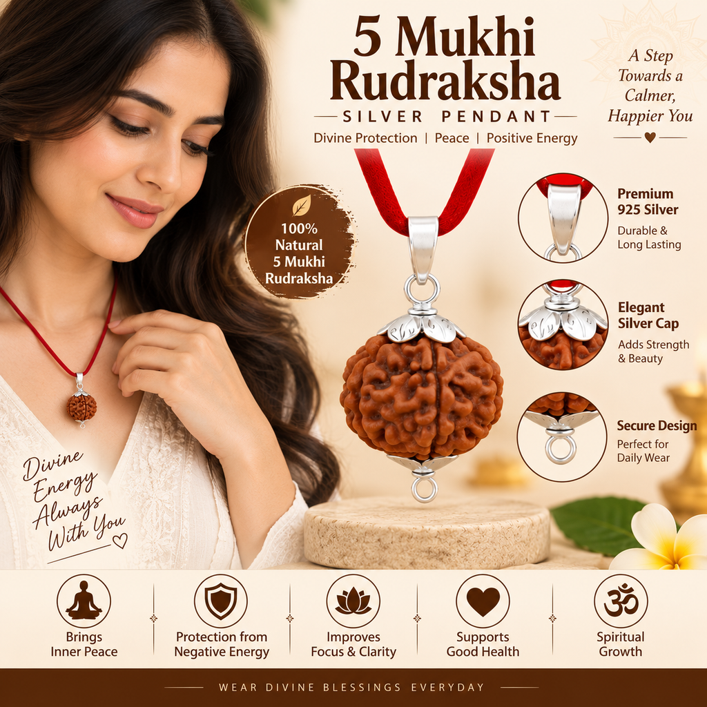 5 Mukhi Rudraksha Pure Silver Pendant | Original Five Faced Rudraksha | Lab Certified