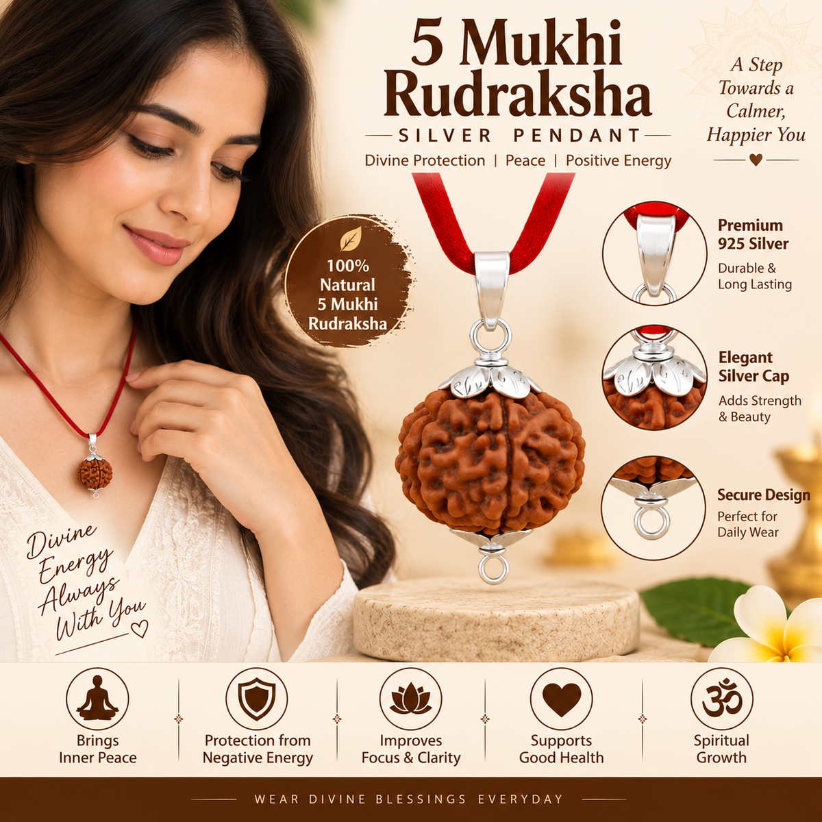 5 Mukhi Rudraksha Pure Silver Pendant | Original Five Faced Rudraksha | Lab Certified