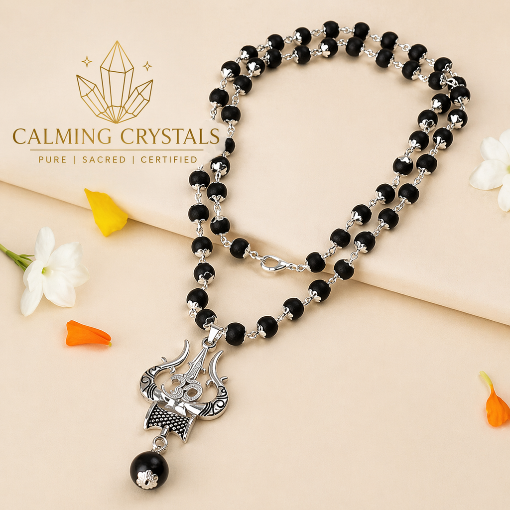 Silver Capped Karungali Malai with Om Trishul Pendant | HealingGems